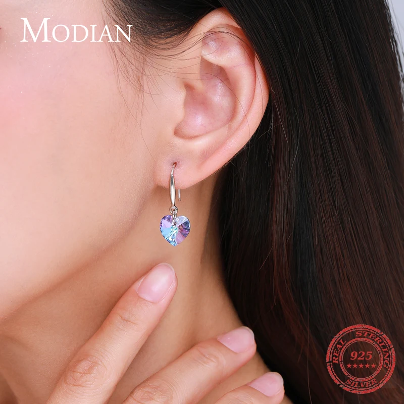 Modian Rainbow Colorful Hearts Crystal Drop Ear Real 925 Sterling Silver Romantic Charm Swing Dangle Earrings For Women Jewelry