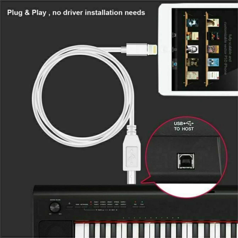 1/2PCS Lightning to Type-B MIDI Keyboard Converter Cable 1M For iPhone iPad IOS