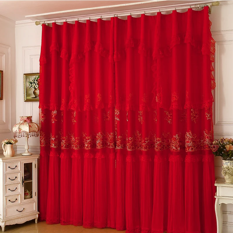 Brand New Luxury Wedding Blackout Curtains for Living Room Korean Romantic Red Cortinas Princess Wedding Decorative Cloth Fabric