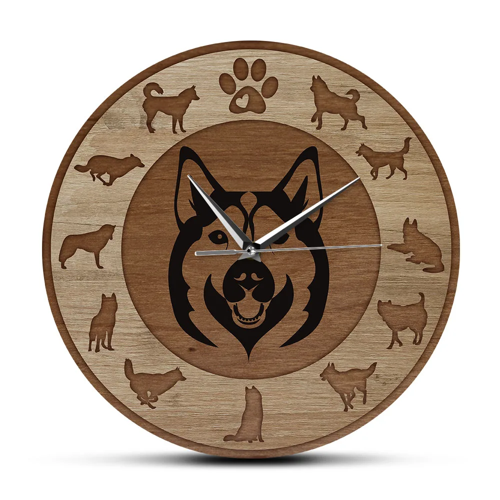 Siberian Husky Dog Wood Texture Acrylic Printed Wall Clock Husky Portrait Silent Wall Watch Puppy Dog Hanging Clock Timepieces