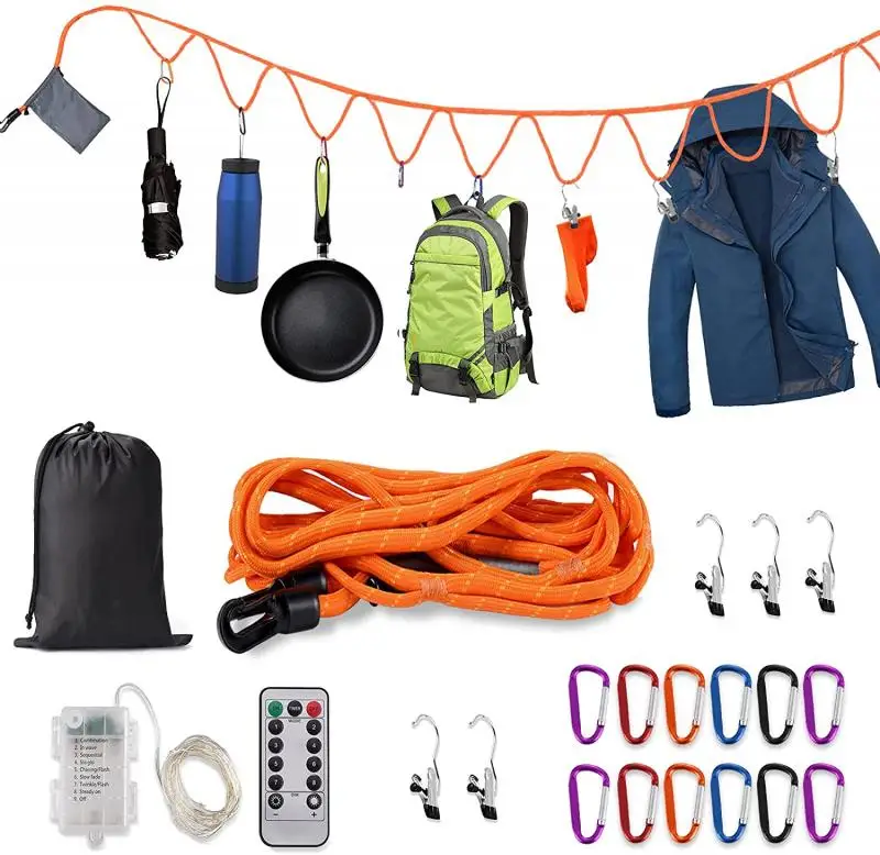 Outdoor Camping Lanyard Hanger Campsite Storage Strap with LED Strip Lights 16ft Adjustable For Hanging Outdoor Hammock Tent