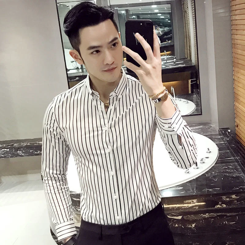 Summer 2022 Men's Classic Long Sleeve Striped Basic Shirts Men Formal Business Standard-fit Office Social Shirt Casual Top A145