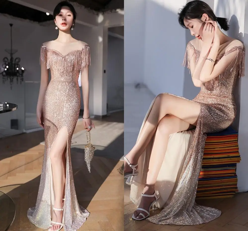 

Abendkleider Luxury Champagne Gold Illyusion Neck Sequined Slim Evening Dress Tassel Split Prom Formal Gowns robe de soriee