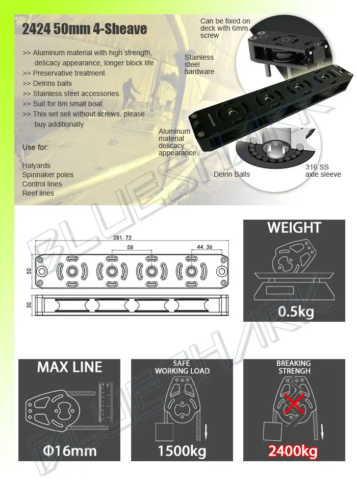 Sailboat Hardware 50 mm 2 Inch Aluminum Deck Organizer 4 Sheave 2424
