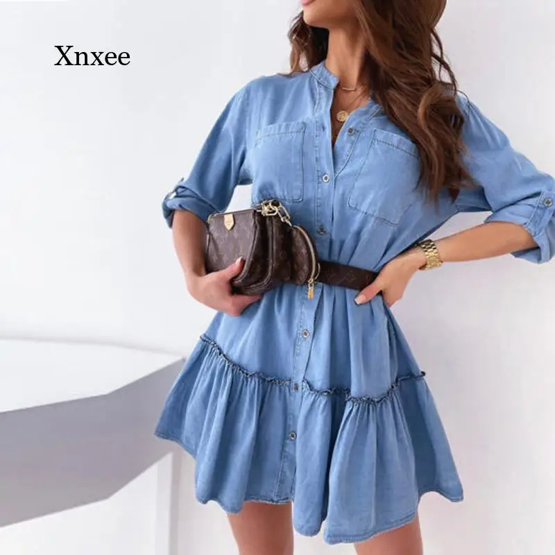 Turn-Down Collar Denim Mini Dresses Spring Autumn Lace Up A-Line Dress for Women Fashion Elegant Button Party Sexy Ladies Dress