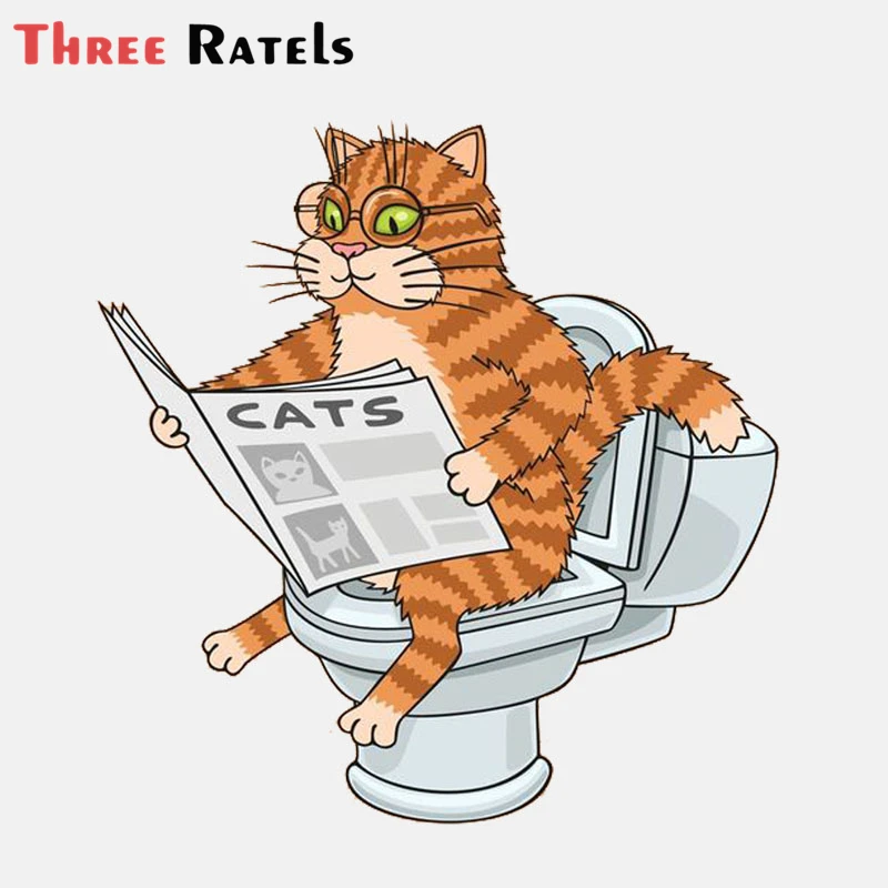 Three Ratels A648  Funny Cute Kitty Cat On The Toilet Wearing Glasses Reading A Newspaper PVC Car Sticker