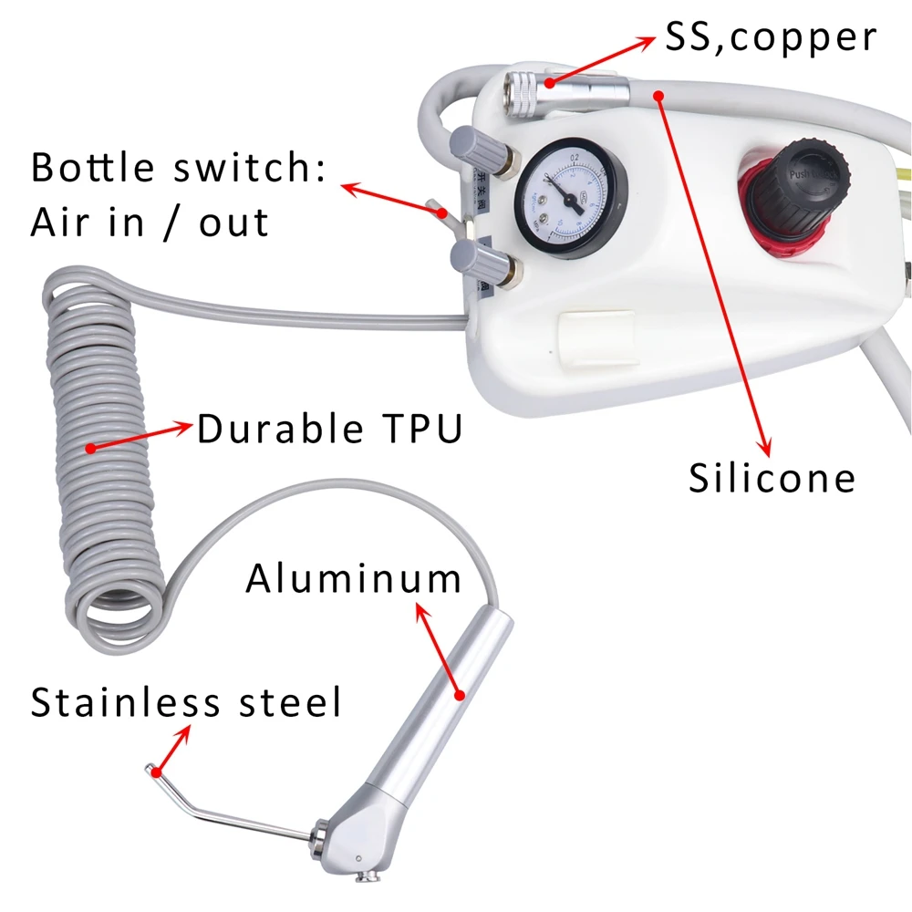 Trabalho portátil da unidade da turbina dental com o compressor de ar seringa de 3 vias 2/4 furos handpiece tubo equipamento odontologia escudo