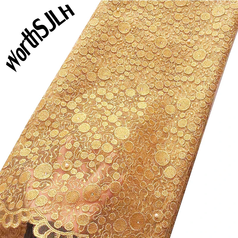 

2019 Latest Design Swiss Lace Fabric Material Gold White Tulle Lace Fabric High Quality Dubai Nigeria Lace Fabric With Stones