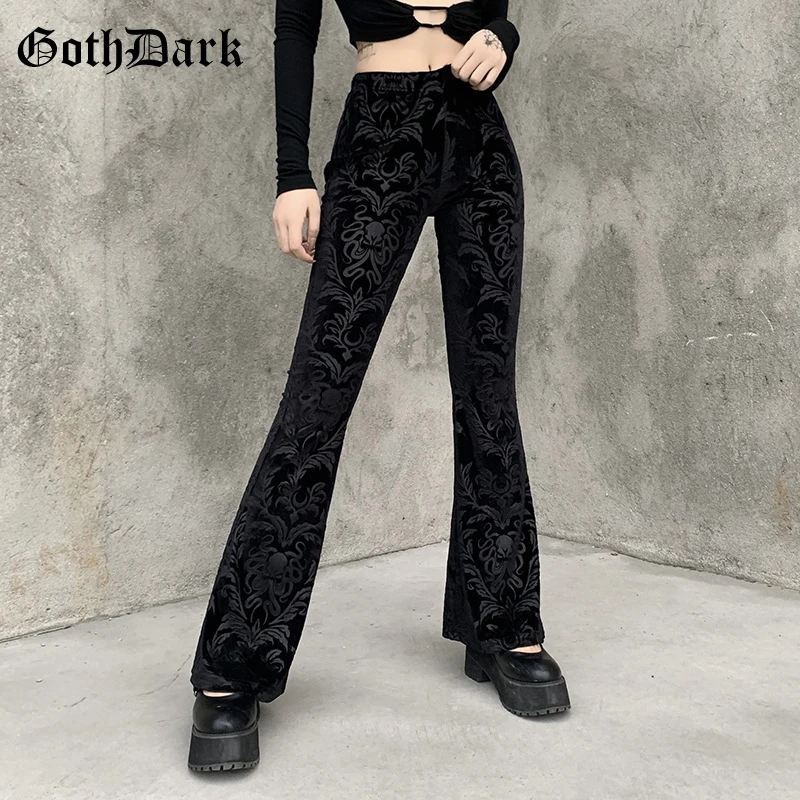 Goth Dark Vintage Floral Scratched Gothic Pants Velvet High Waist Skinny Flare Trousers For Women Autumn Winter Streetwear 2021