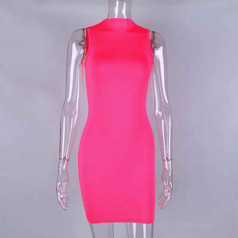 OMSJ Summer Neon Pink Sleeveless Mini Dress Bodycon Sexy Fashion Party Clubwear Skinny Solid Slim Basic 2024 Hot Dresses New