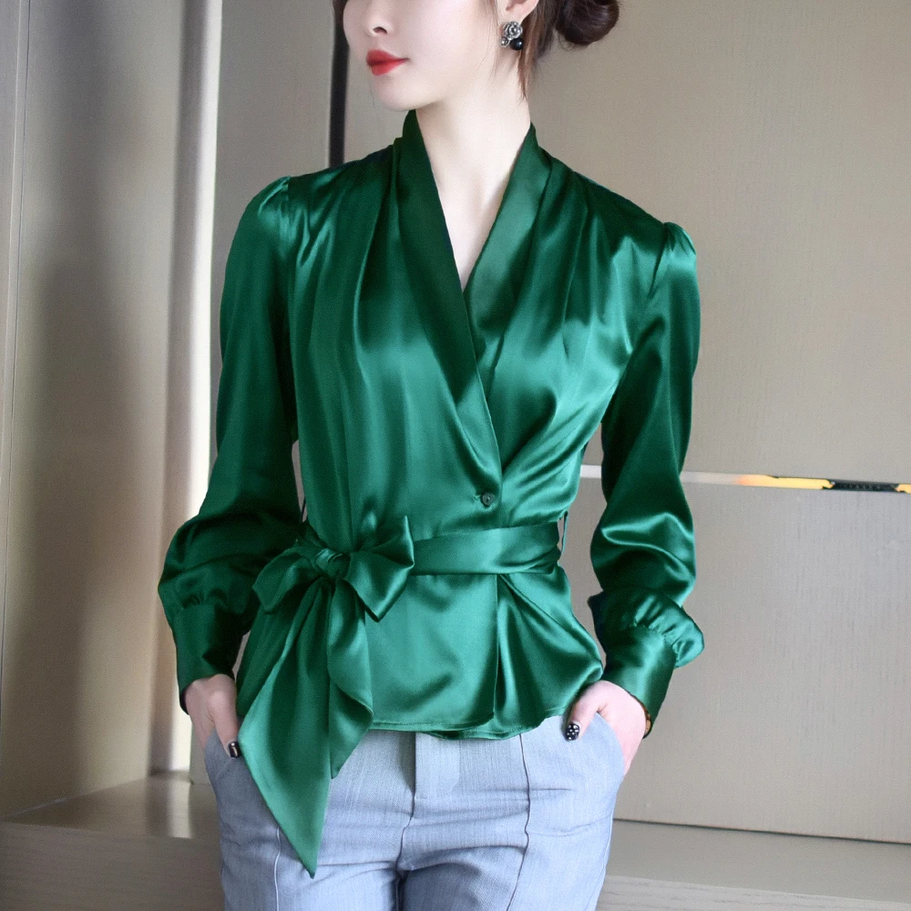 New Spring Summer Blouse Women Long Sleeve Shirts Fashion Silk Shirt With Bow Belt V Neck Office Ladies Work Wear Tops LX2613