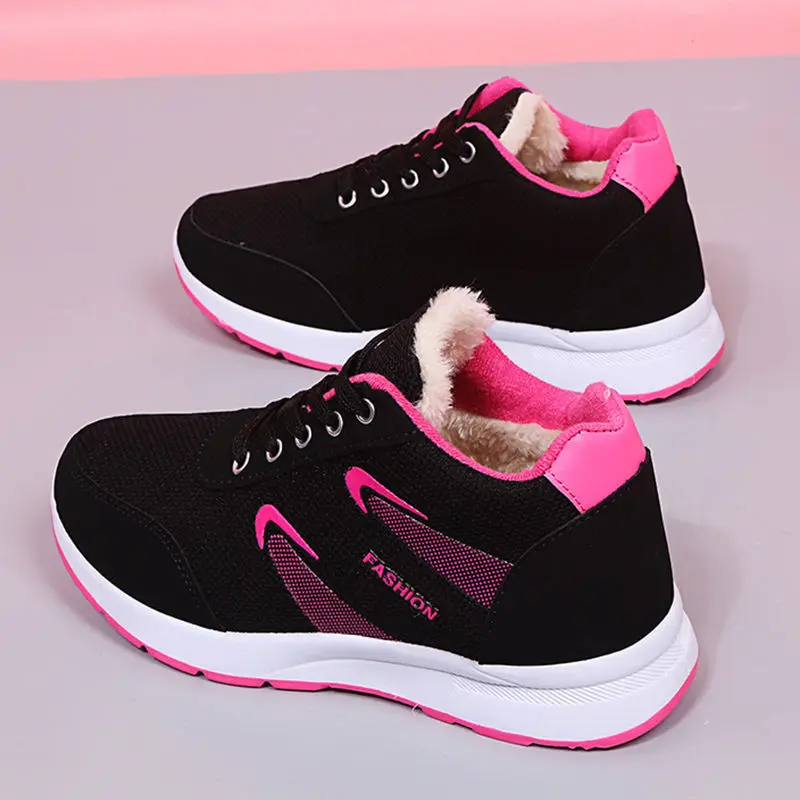 Platform Sneakers Winter Women Warm Plush Mesh shoes Autumn Woman Outerdoor Fashion Black Student Shoes 1552