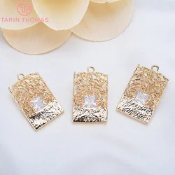 (1208)4PCS 21x13MM 24K Gold Color Plated Brass with Zircon Rectangle Charms Pendants High Quality Diy Jewelry Accessories