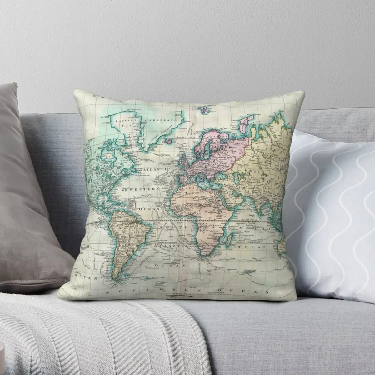 

Vintage Map Of The World 1801 Square Pillowcase Polyester Linen Velvet Pattern Zip Decor Bed Cushion Cover