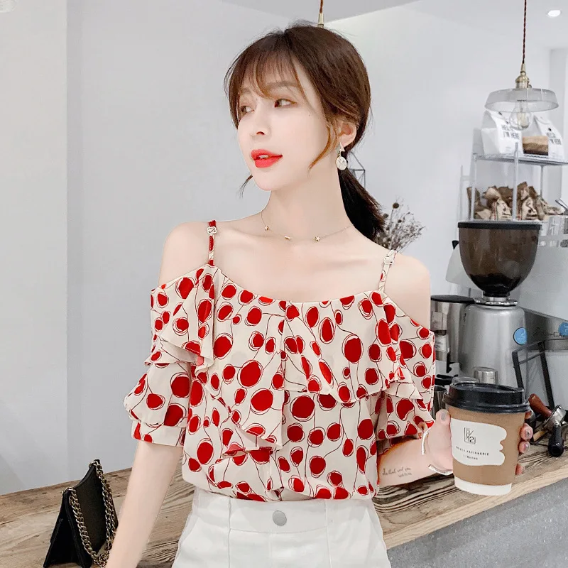 Off The Shoulder Tops For Women 2020 Summer Blouse Korean Ruffles Short Sleeve Red Polka Dot Chiffon Shirt Cold Shoulder Tops