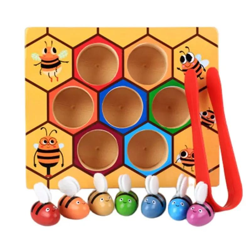 Wooden Montessori Color Cognitive Clip Bee Toy Honeycomb Game Children Learning Educational Toys For Baby Fine Motor Training