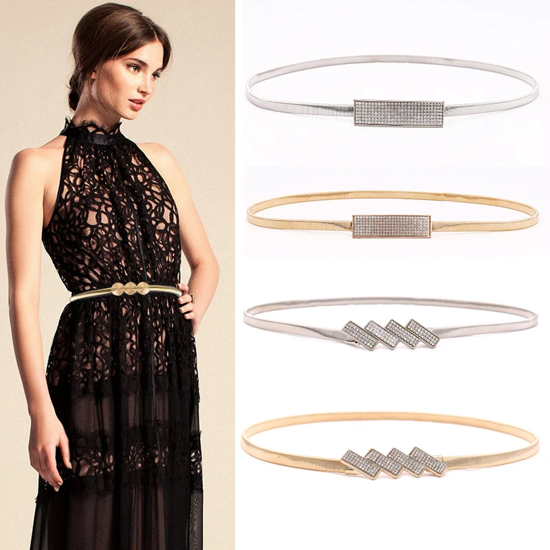 Nuevo cinturón de Metal dorado y plateado con doble anillo, cinturón de imitación con diamantes de imitación para mujer, trajes de vestir, cinturones elásticos finos para mujer