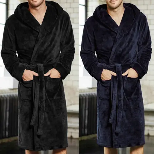 Men\'s Fall Long Sleepwear Flannel Robes Shawl Collar Fleece Bathrobe Spa Pajamas