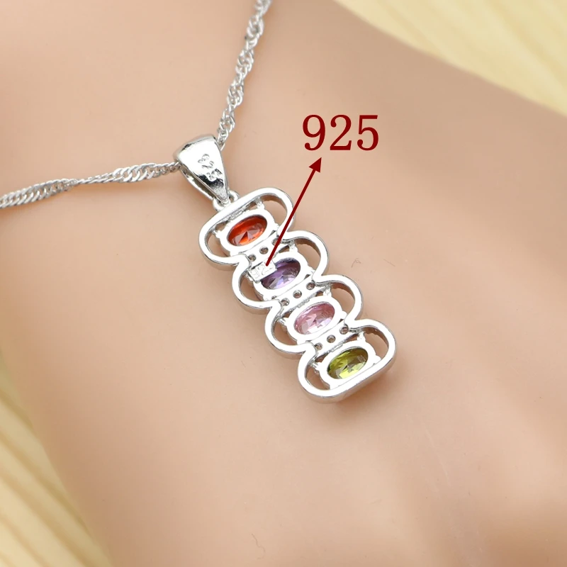 Silver 925 Jewelry Sets For Women Wedding Accessories Multicolor Cubic Zirconia Pendant Necklace Ring Stud Earrings