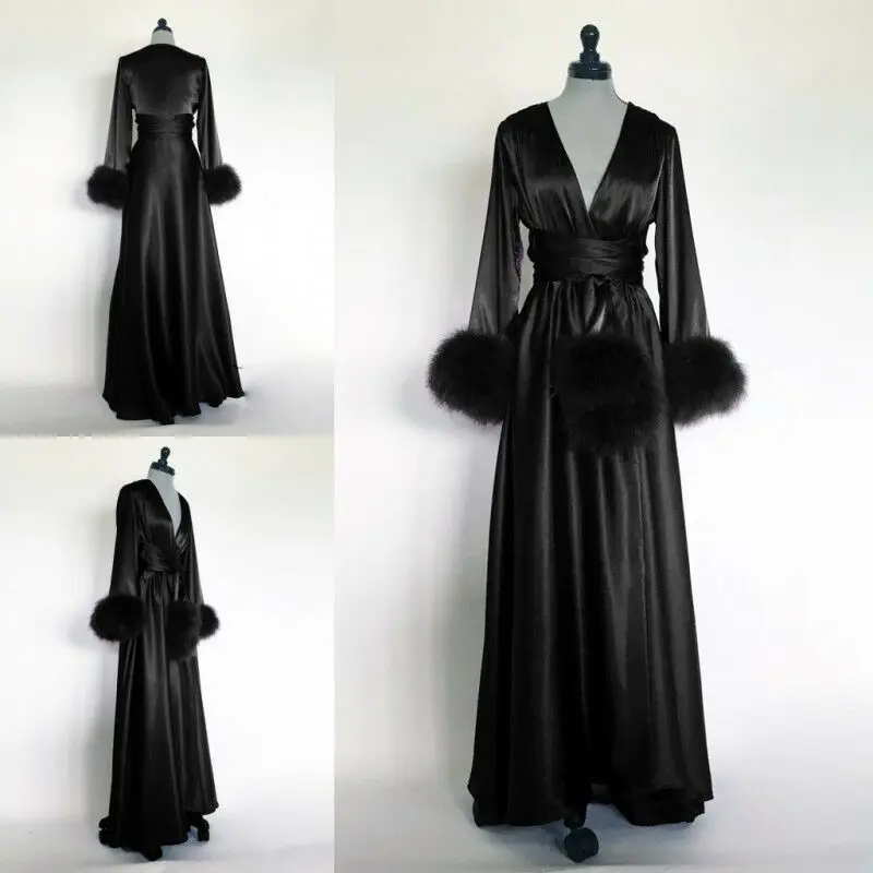 

Mysterious Black Long Robes Faux Fur Pajamas Wedding Bridal Sleepwear Nightwear