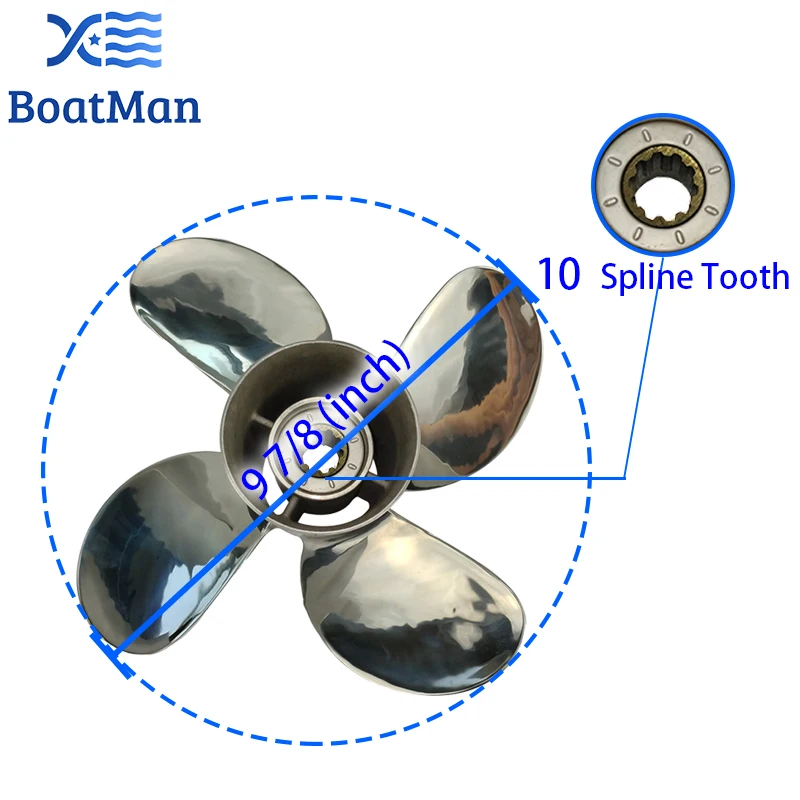 BoatMan® 9 7/8X10 Stainless Steel Propeller For Honda 25HP 30HP Outboard Motor 10 Tooth Engine Boat Accessories 4 Blade RH