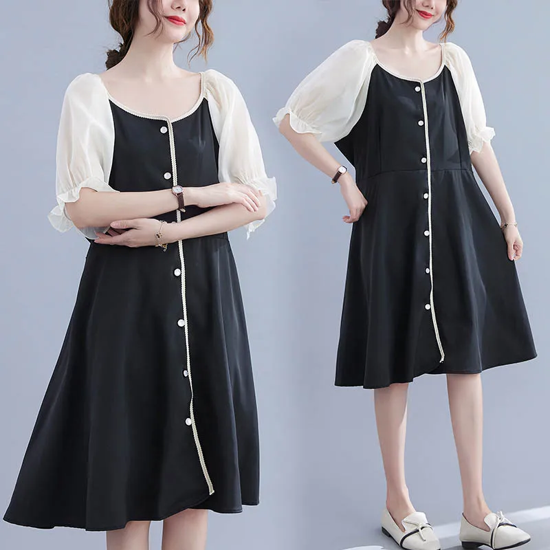 140Kg Plus size women's summer puff sleeve contrast color dress bust 140cm 5XL 6XL 7XL 8XL loose o-neck single-breasted dress