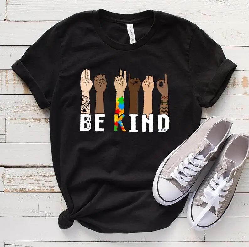 Be Kind Sign Language Rainbow Kindness Shirt Fashion Casual Cotton Round Neck Female Shirt Short Sleeve Top Tees Streetwear top