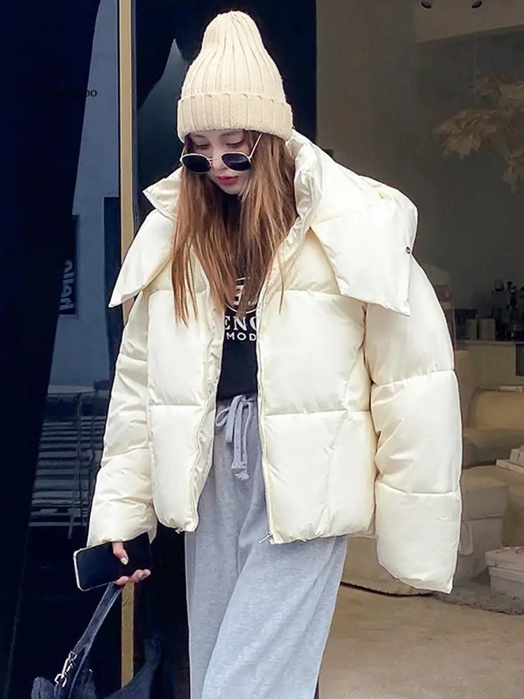 Winter Women Solid Thick Warm Oversize Parkas Loose Down Jacket Female Korean Elegant Hooded Cotton Jacket Winter Coats