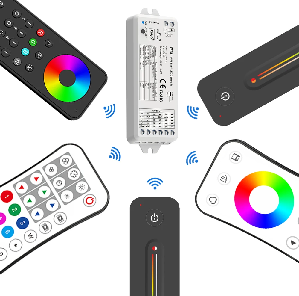 LED RGBCCT Controller 12V 24V DC 5 in 1 Dimmer RGB CCT RGBW RGBWW Strip Tuya Smart Wifi Voice Cloudy 2.4G RF Remote Control WT5