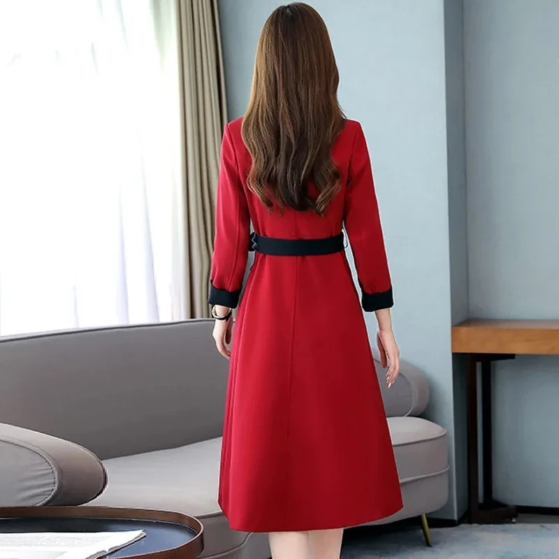 Women Elegant Long Windbreaker Korean Fashion Casual A-Line Trench Coat V-Neck Double Breasted With Belt Office Lady Overcoat