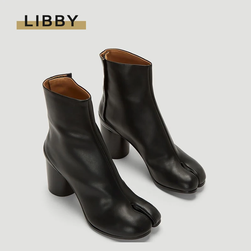 Tabi-Botas de cuero con punta dividida para Mujer, Zapatos de tacón alto y grueso, a la moda, para otoño, 2024