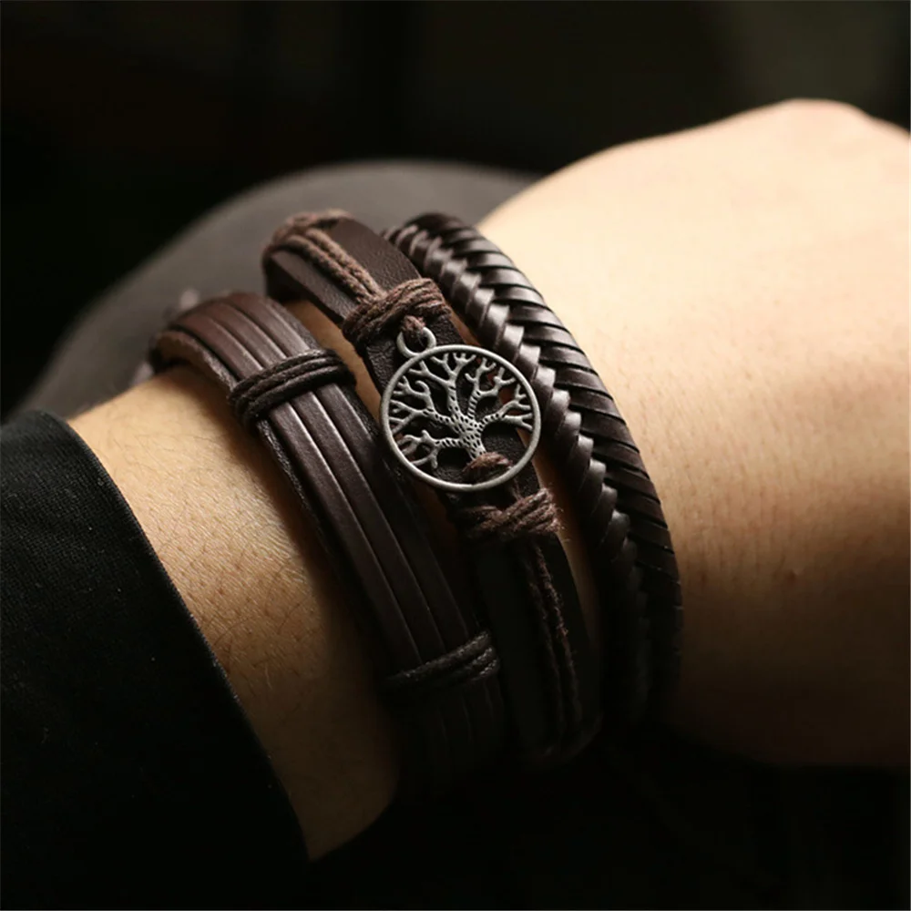 3 Pcs/set Khaki Black Brown Genuine Leather Men Bracelets For Women Guitar Cross Tree Charm Homme Casual Jewelry