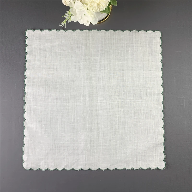 Set of 12 Fshion Table Napkins Dinner Napkins White Irish 100% Linen Tea Napkins with Color Embroidered Scalloped Edges