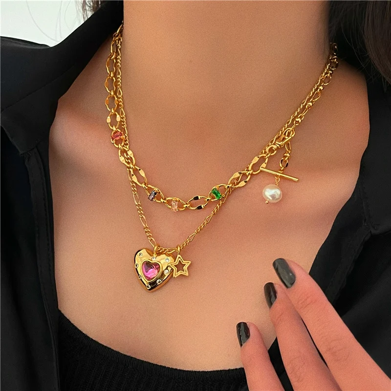 HangZhi 2021 Vintage Colorful Zircon Heart Star Asymmetry Drop Earrings Geometric for Women Girls Party Jewelry Gifts