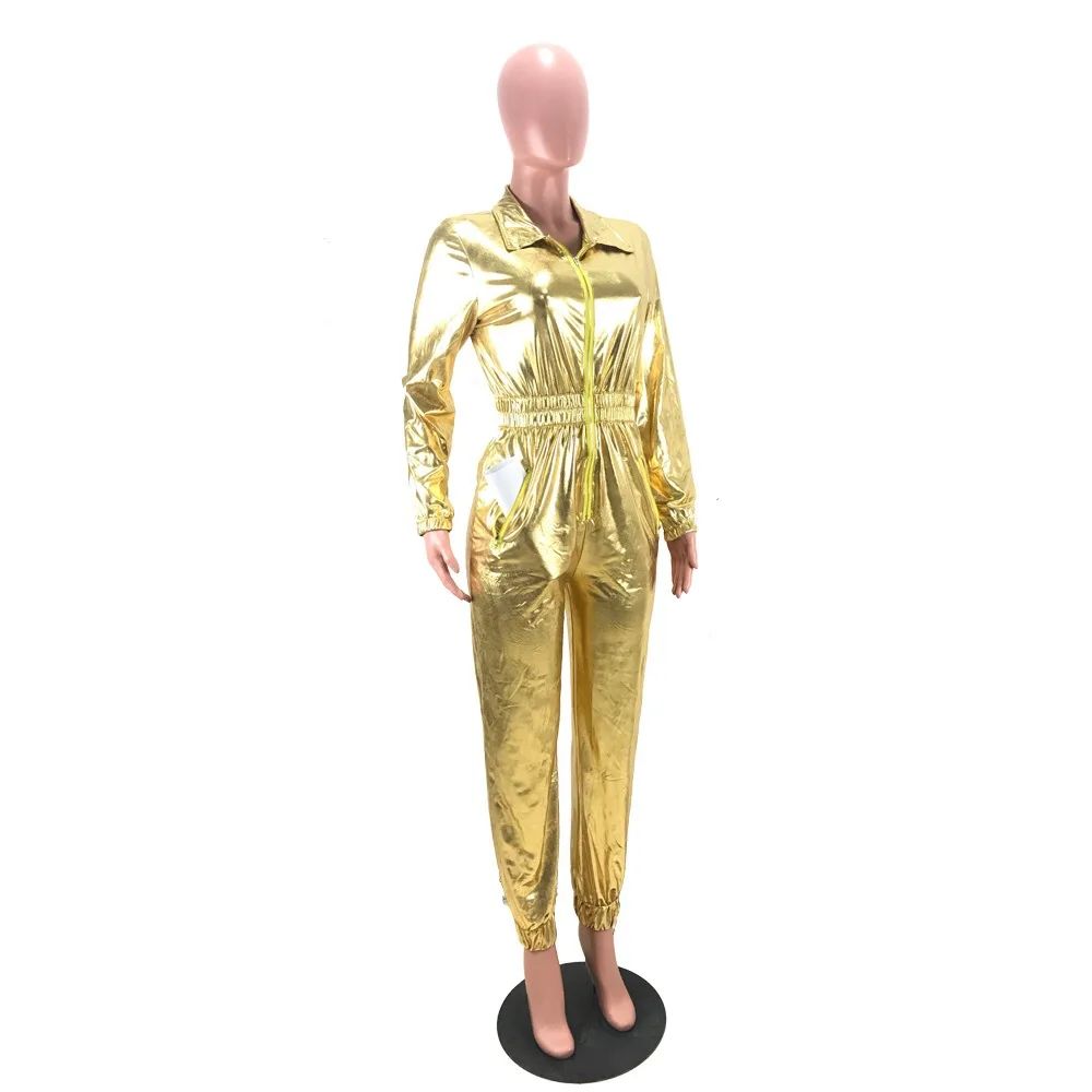 BKLD-monos para mujer, ropa de discoteca sólida con cuello en V profundo con bolsillo y cremallera, monos largos de cuero Pu, otoño 2019