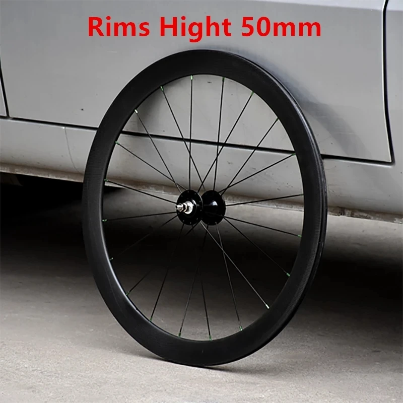 

Fixed Gear Carbon Fiber Wheelset Lightweight Single Speed Racing Wind Breaking Flat Spoke Rims Front 20H Rear 24H Hubs 50mm High