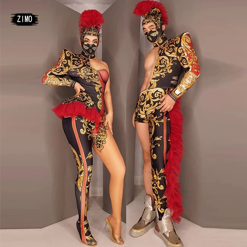 red Print 2 item jumpsuit and headdress party club sexy Women man drag queen Performance Costumes Stage Dance Jumpsuits designer