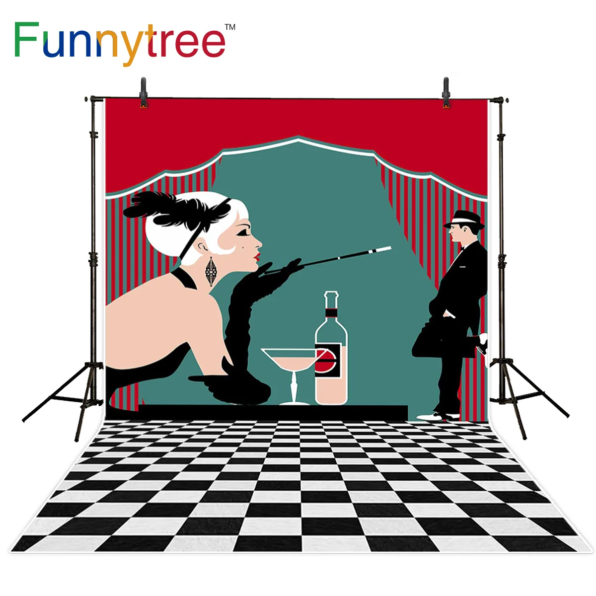 Funnytree Photography Backdrops Red Wine Sexy Lady Gentleman Curtain Black and White Party Time Lattice Floor Newborn Background