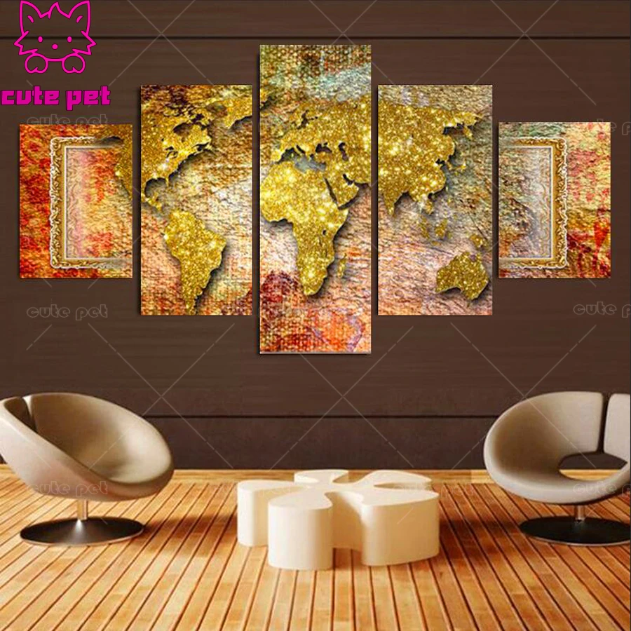 5 pcs new diamond embroidery world map golden picture diamond painting cross stitch landscape icons 5d full square round drill