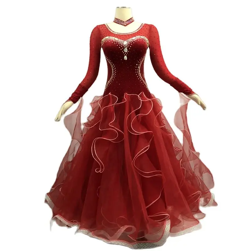 Costumes Ballroom Dance Dress Of Women Competition Dresses Standard Dress For Red Dancing Clothes Long Sleeve