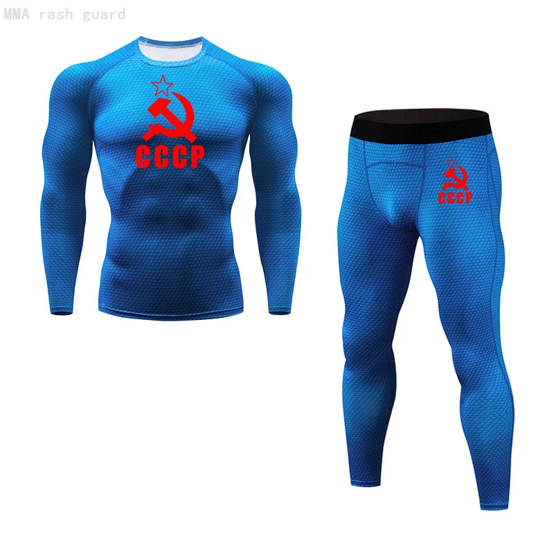 New Men's CCCP Tights 2 Piece Tracksuit Men Compression shirt leggings Winter thermal underwear rash guard MMA fitness clothing