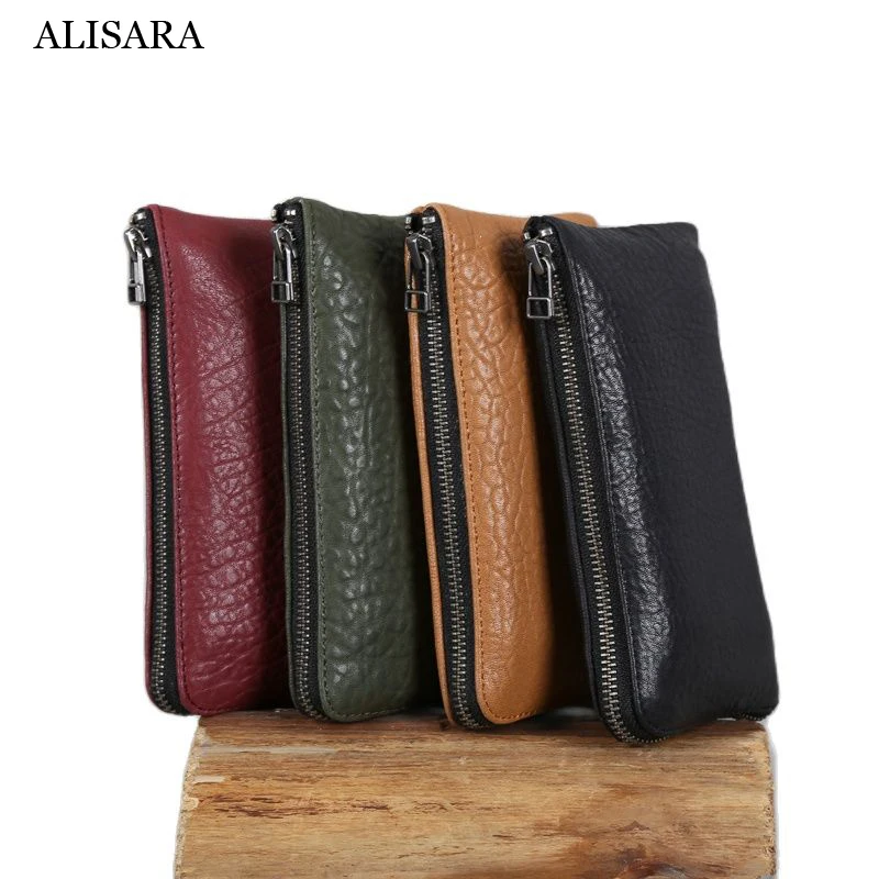 

Alisara Long Wallet Men First Layer Leather Top End Sheepskin Women Clutch Bag Casual Zipper Organizer Purse Big Capacity Pouch