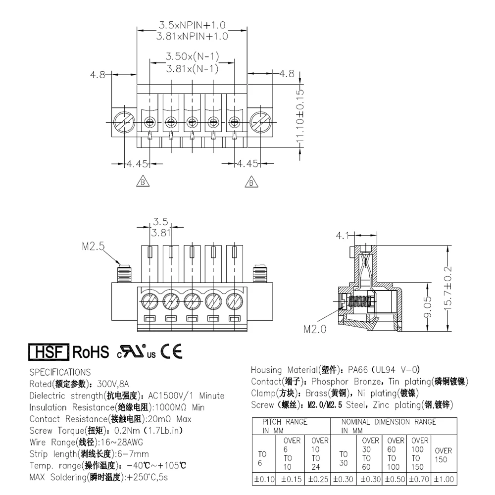 10Pcs 3.5mm 15EDGKM EC350VM KF2EDGKM 3.5 2P ~ 18P PCB PLUG-IN TERMINAL BlOCKS MC 1,5/ 2-STF-3,5 PHOENIX CONTACT DEGSON YANNIU