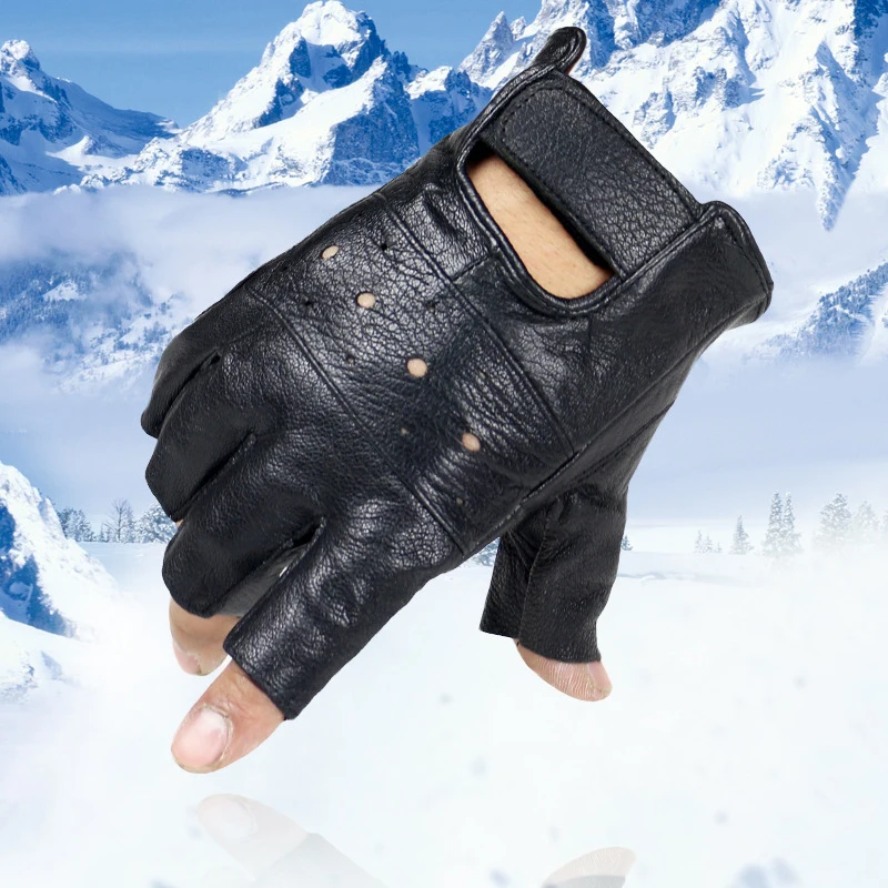 1Pair Men Synthetic Leather Glover Outdoor Black Soft Leather Driving Motorcycle Biker Fingerless Gloves Male Punk PU Glover Hot