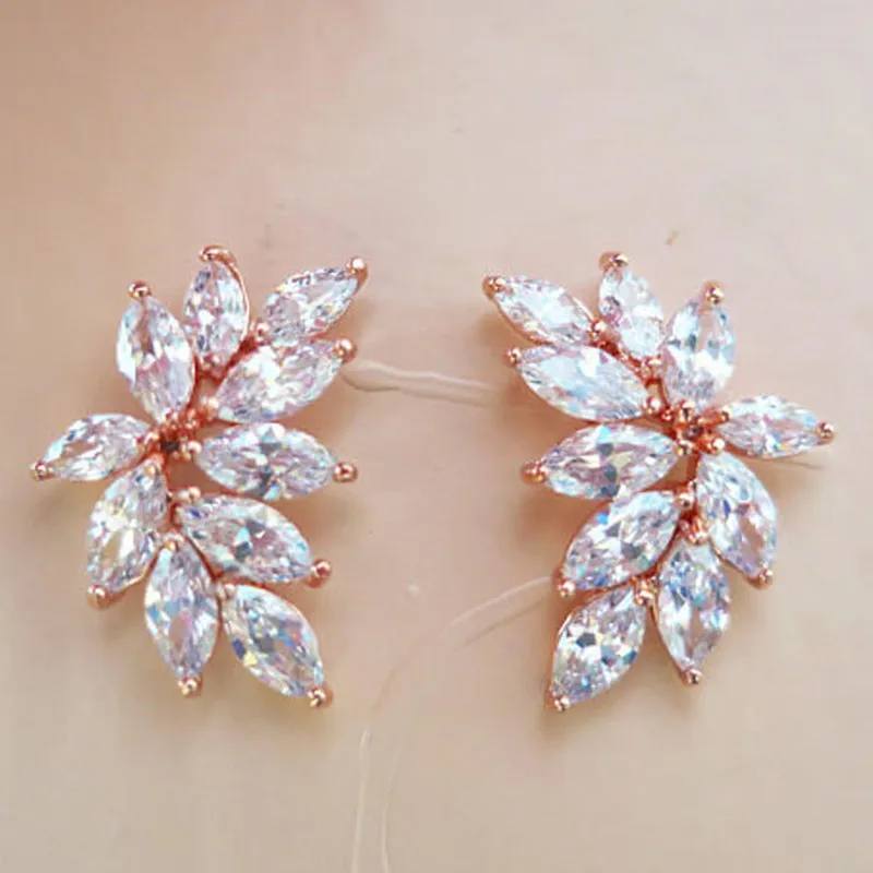 Huitan Chic Leaf Stud Earrings with AAA Marquise Cubic Zirconia Delicate Accessories for Women Wedding Party Statement Jewelry