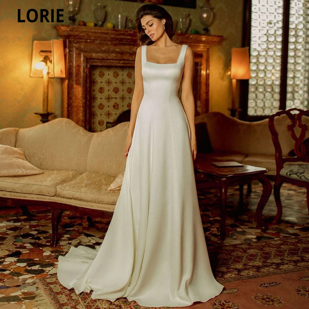 Lorie 2020 Eenvoudige Satijn Bruidsjurken A-lijn Bruidsjurken Vierkante Kraag Open Back Goedkope Beach Wedding Party Dress Voor Vrouwen