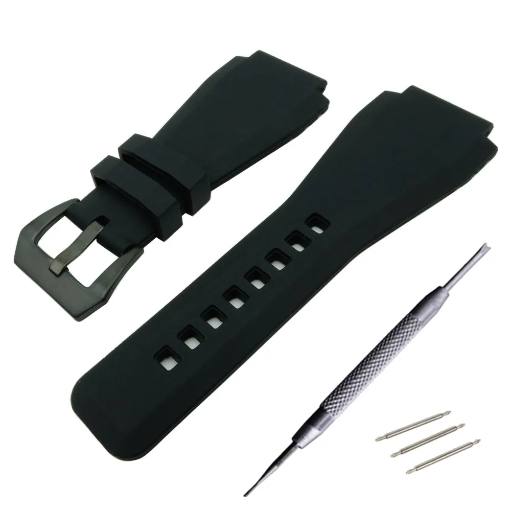 24 X 34mm Black Rubber Leather Watch Band Strap for Bell for Ross BR-01 and BR-03 DIY Replace Black / Silver Buckle