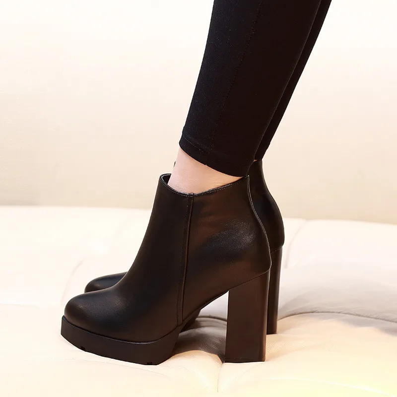 Fashion Casual Zipper Pointed Toe Soft Leather Women Shoes Square High Heel Ankle Boots Black Motorcycle Boots Shoes