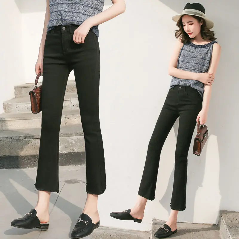 Micro-bell pants jeans women spring and autumn high waist elastic straight pants women students raw edges slim pants children