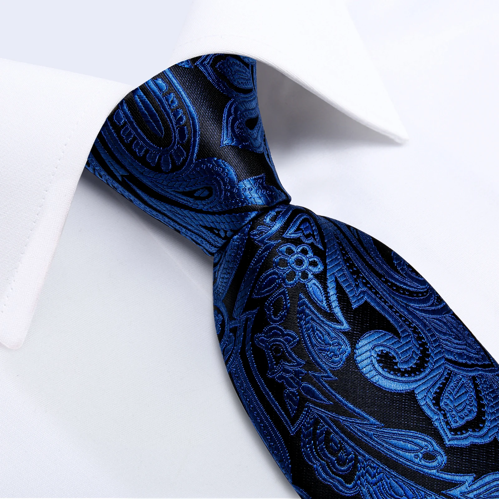 Blaue silberne Paisley-Krawatten für Herren, luxuriöses 8 cm breites Set mit Krawatte, Einstecktuch, Manschettenknöpfen, Brosche, Weihnachtsgeschenke für Männer – Detail 6
